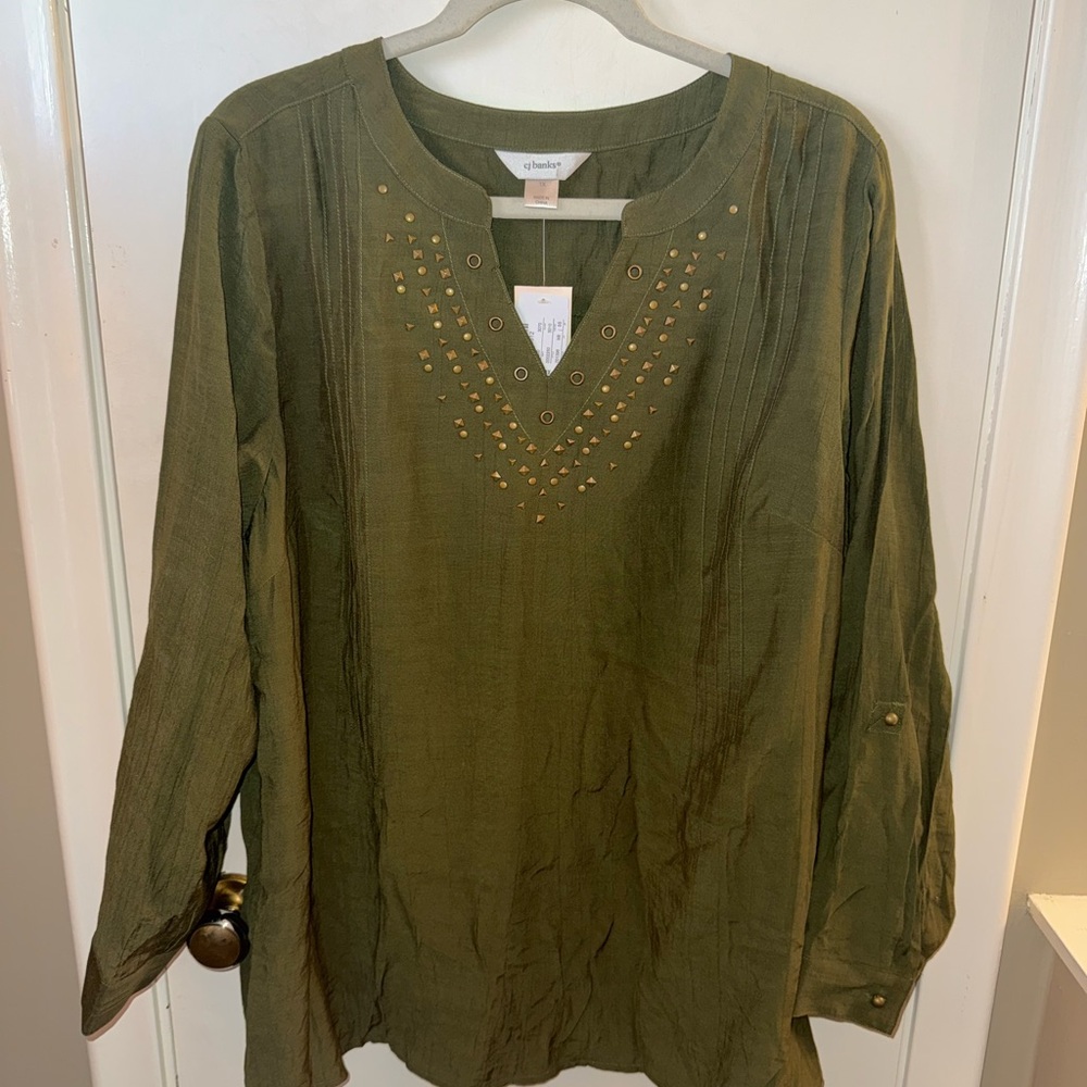 CJ Banks Green Embellished Long Sleeve Tunic